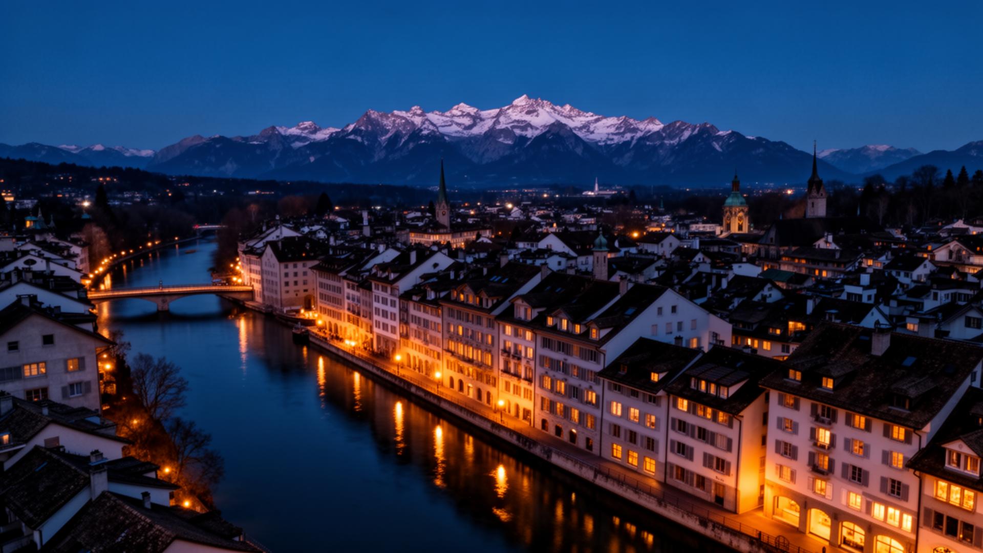 Zurich old town and the Alps at blue hour